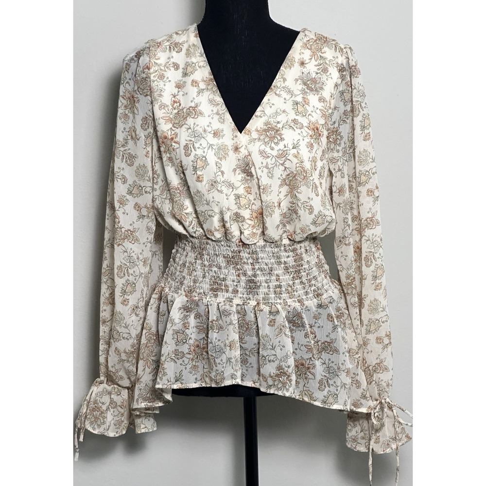 London Rose Long Sleeve Romantic Cinched Waist Floral Boho Festival Top Size (M)